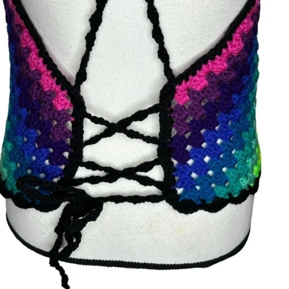 Handcrafted Crochet Halter Top Rainbow Granny Acrylic Yarn Art Handmade Knit - Picture 9 of 16